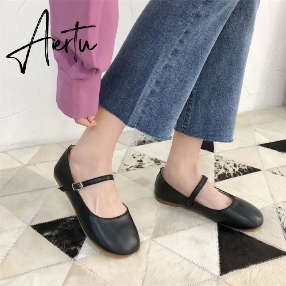 Aiertu Ladies Soft Leather Ballet Shoes Fashion Casual Round Toe Buckle Strap Loafers Women Spring Summer Sweet White Black Flats