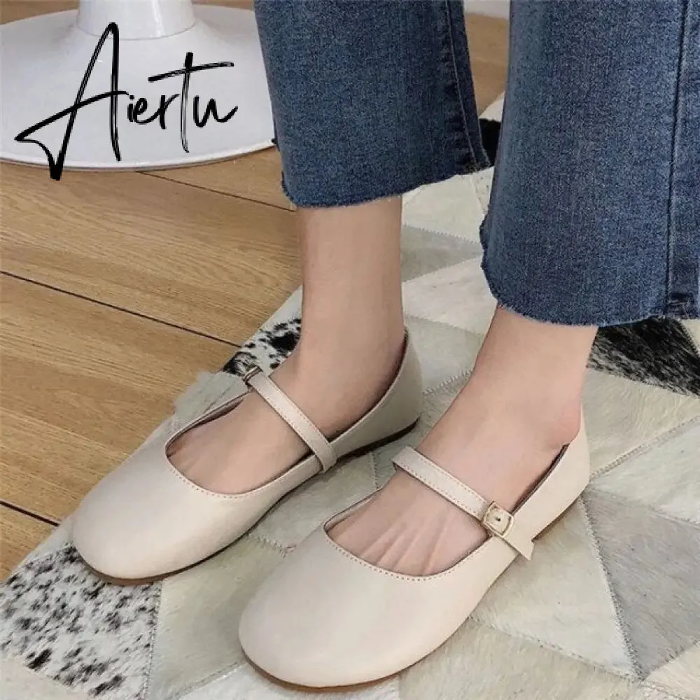 Aiertu Ladies Soft Leather Ballet Shoes Fashion Casual Round Toe Buckle Strap Loafers Women Spring Summer Sweet White Black Flats