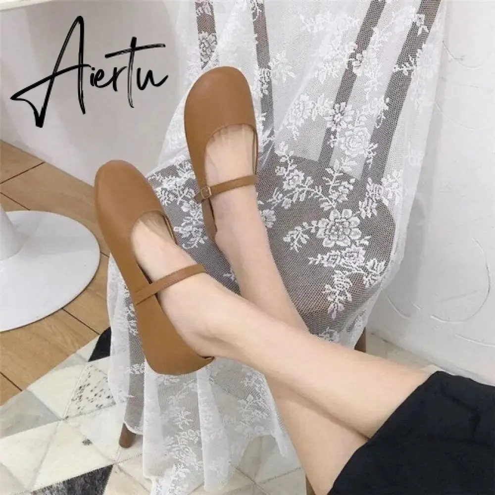 Aiertu Ladies Soft Leather Ballet Shoes Fashion Casual Round Toe Buckle Strap Loafers Women Spring Summer Sweet White Black Flats