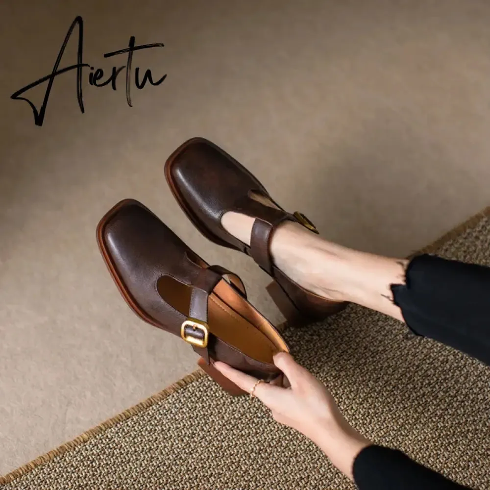 Aiertu NEW Spring Women Pumps Genuine Leather Shoes for Women Square Toe Chunky Heel Shoes Retro Mid-heel Mary Janes Retro Brown Shoes