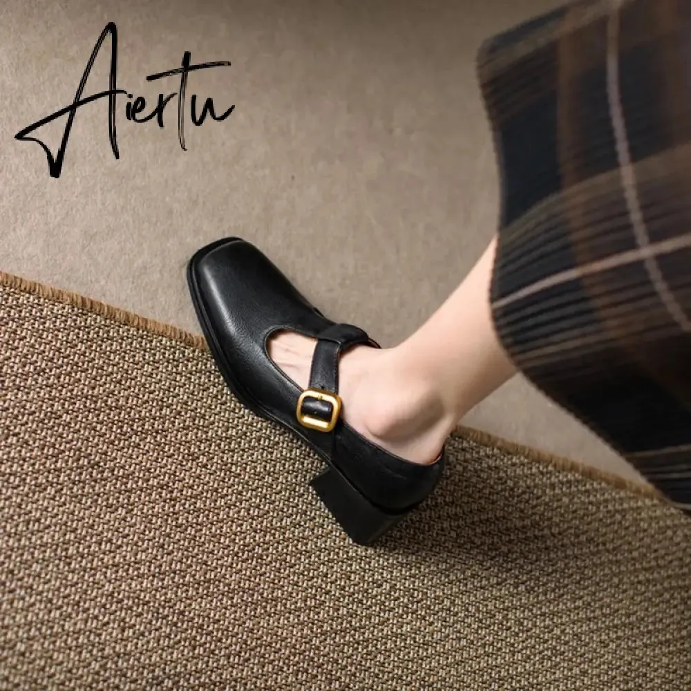 Aiertu NEW Spring Women Pumps Genuine Leather Shoes for Women Square Toe Chunky Heel Shoes Retro Mid-heel Mary Janes Retro Brown Shoes