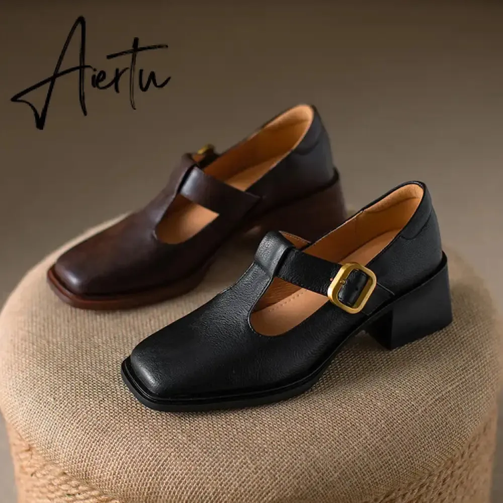 Aiertu NEW Spring Women Pumps Genuine Leather Shoes for Women Square Toe Chunky Heel Shoes Retro Mid-heel Mary Janes Retro Brown Shoes
