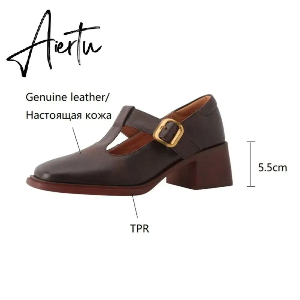 Aiertu NEW Spring Women Pumps Genuine Leather Shoes for Women Square Toe Chunky Heel Shoes Retro Mid-heel Mary Janes Retro Brown Shoes