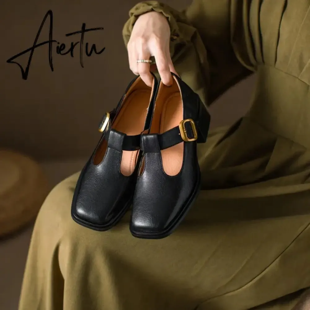 Aiertu NEW Spring Women Pumps Genuine Leather Shoes for Women Square Toe Chunky Heel Shoes Retro Mid-heel Mary Janes Retro Brown Shoes