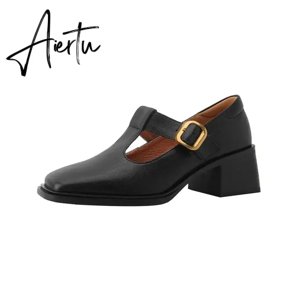 Aiertu NEW Spring Women Pumps Genuine Leather Shoes for Women Square Toe Chunky Heel Shoes Retro Mid-heel Mary Janes Retro Brown Shoes