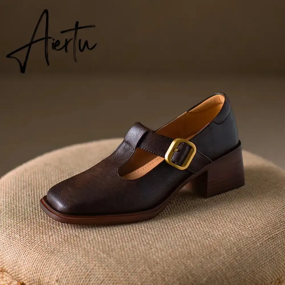Aiertu NEW Spring Women Pumps Genuine Leather Shoes for Women Square Toe Chunky Heel Shoes Retro Mid-heel Mary Janes Retro Brown Shoes