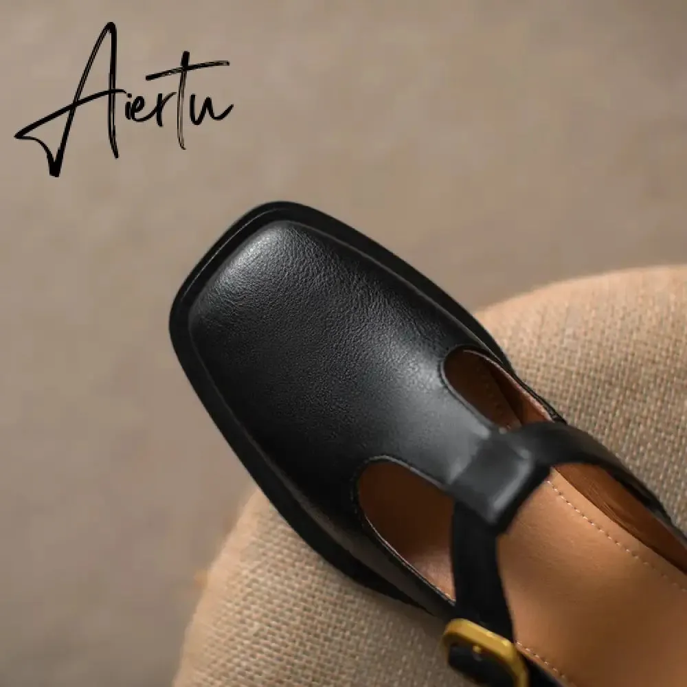 Aiertu NEW Spring Women Pumps Genuine Leather Shoes for Women Square Toe Chunky Heel Shoes Retro Mid-heel Mary Janes Retro Brown Shoes