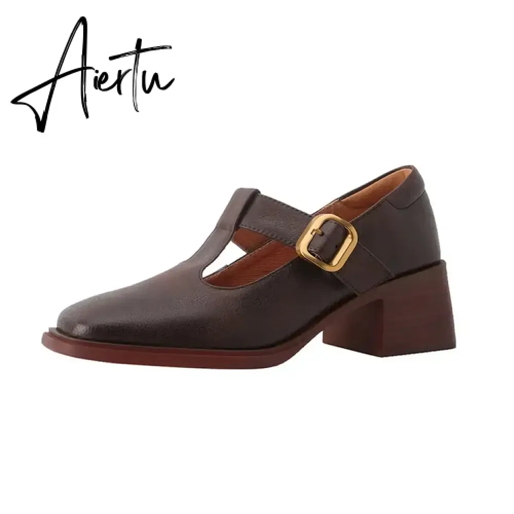 Aiertu NEW Spring Women Pumps Genuine Leather Shoes for Women Square Toe Chunky Heel Shoes Retro Mid-heel Mary Janes Retro Brown Shoes