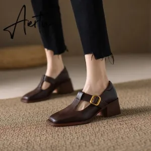 Aiertu NEW Spring Women Pumps Genuine Leather Shoes for Women Square Toe Chunky Heel Shoes Retro Mid-heel Mary Janes Retro Brown Shoes