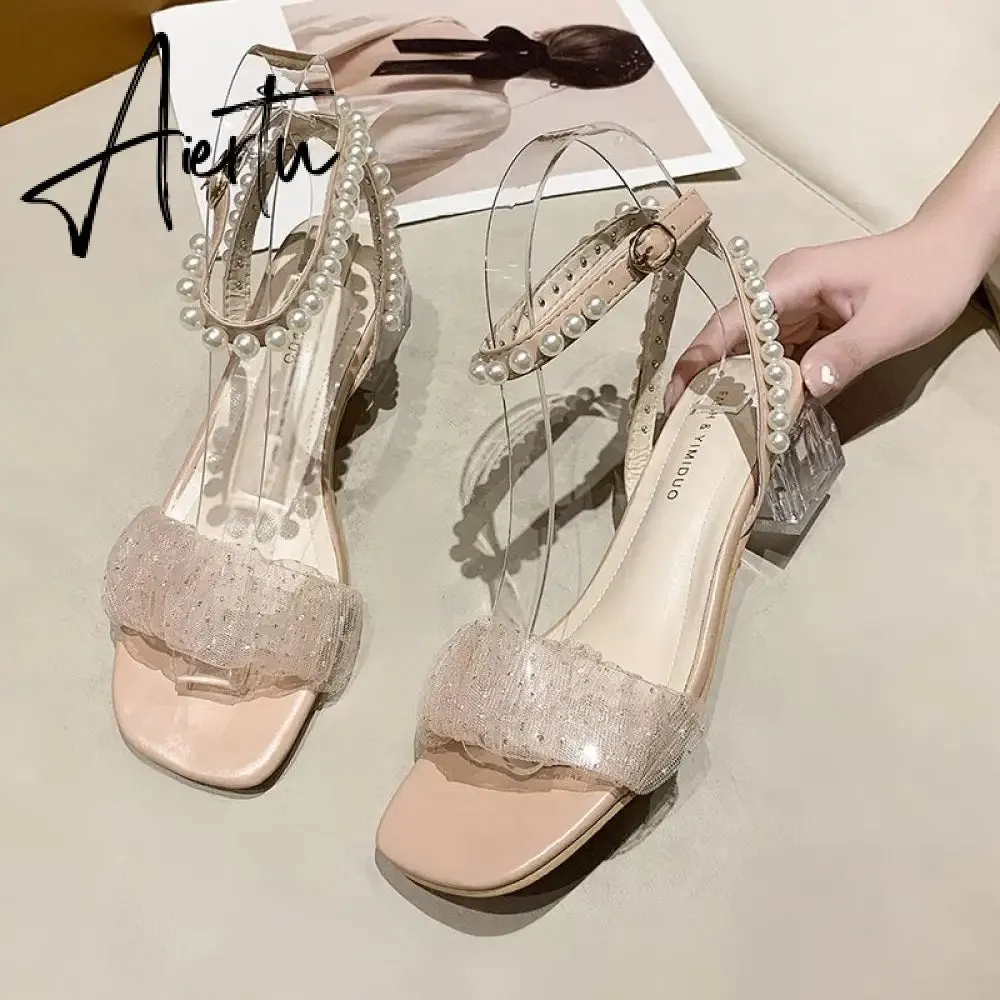Aiertu Roman Thick Heel Sandals Female Summer New Fairy Style High Heel Mid-heel Lace Gentle Pearl Evening Shoes Sandals Women