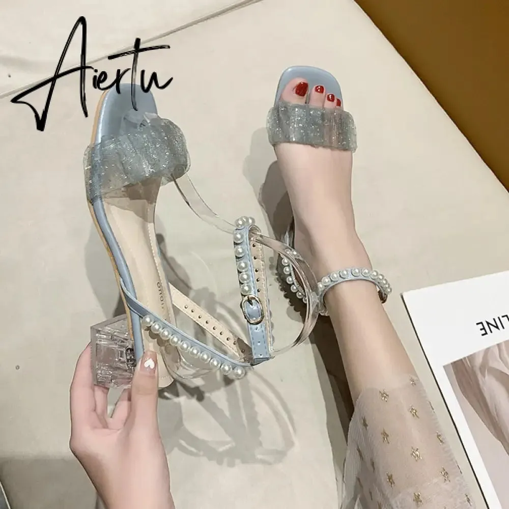 Aiertu Roman Thick Heel Sandals Female Summer New Fairy Style High Heel Mid-heel Lace Gentle Pearl Evening Shoes Sandals Women