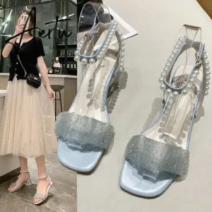 Aiertu Roman Thick Heel Sandals Female Summer New Fairy Style High Heel Mid-heel Lace Gentle Pearl Evening Shoes Sandals Women