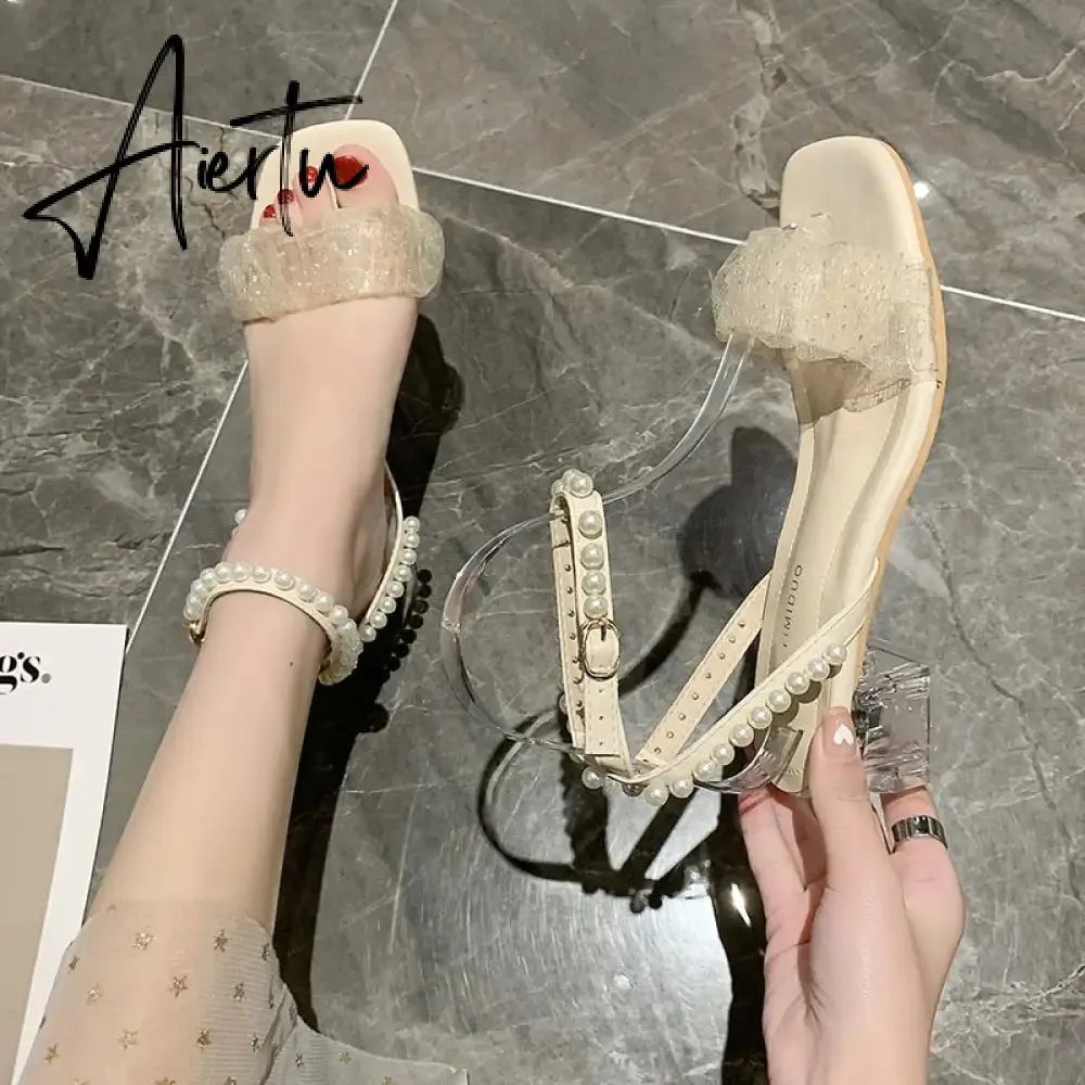 Aiertu Roman Thick Heel Sandals Female Summer New Fairy Style High Heel Mid-heel Lace Gentle Pearl Evening Shoes Sandals Women