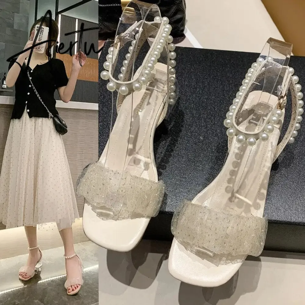 Aiertu Roman Thick Heel Sandals Female Summer New Fairy Style High Heel Mid-heel Lace Gentle Pearl Evening Shoes Sandals Women