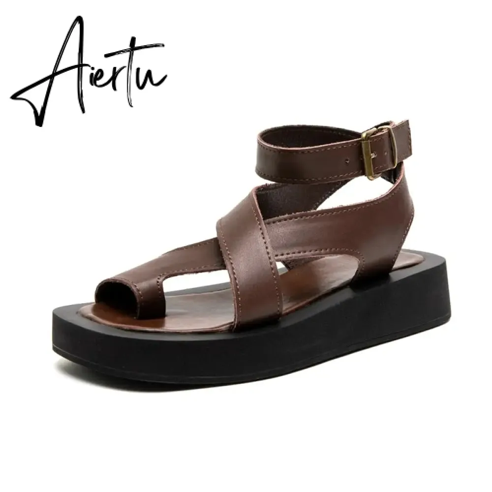 Aiertu Sandals Women Genuine Leather Summer New Clip Toe Sandals Ladies Roman Women Shoes Muffin Sandals