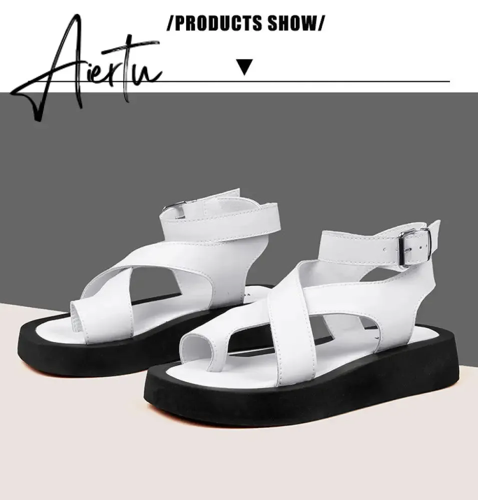Aiertu Sandals Women Genuine Leather Summer New Clip Toe Sandals Ladies Roman Women Shoes Muffin Sandals