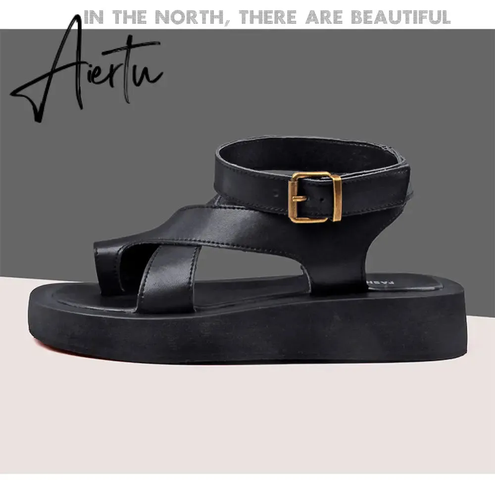 Aiertu Sandals Women Genuine Leather Summer New Clip Toe Sandals Ladies Roman Women Shoes Muffin Sandals