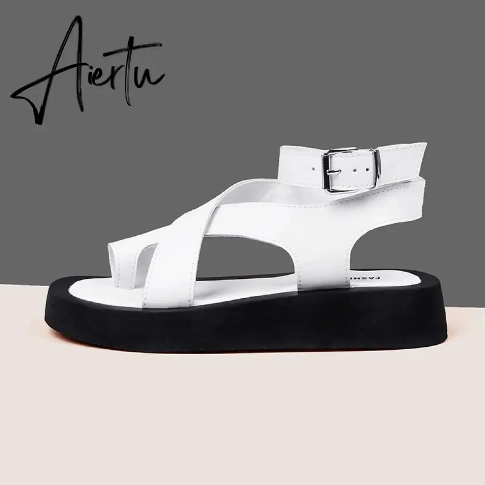 Aiertu Sandals Women Genuine Leather Summer New Clip Toe Sandals Ladies Roman Women Shoes Muffin Sandals
