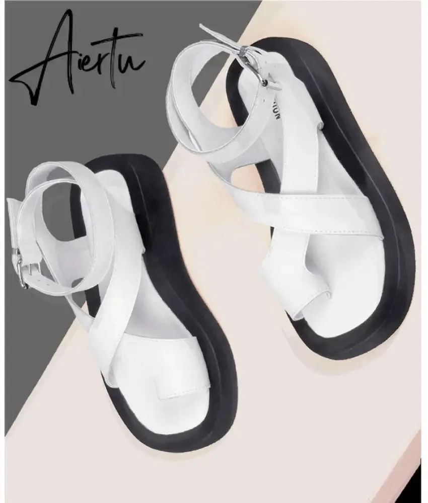 Aiertu Sandals Women Genuine Leather Summer New Clip Toe Sandals Ladies Roman Women Shoes Muffin Sandals