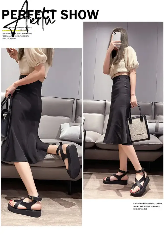 Aiertu Sandals Women Genuine Leather Summer New Clip Toe Sandals Ladies Roman Women Shoes Muffin Sandals