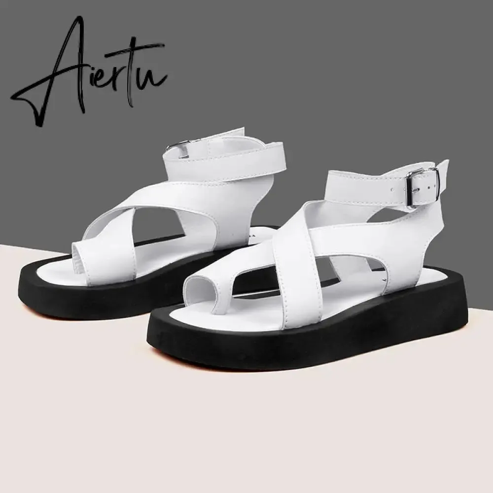 Aiertu Sandals Women Genuine Leather Summer New Clip Toe Sandals Ladies Roman Women Shoes Muffin Sandals