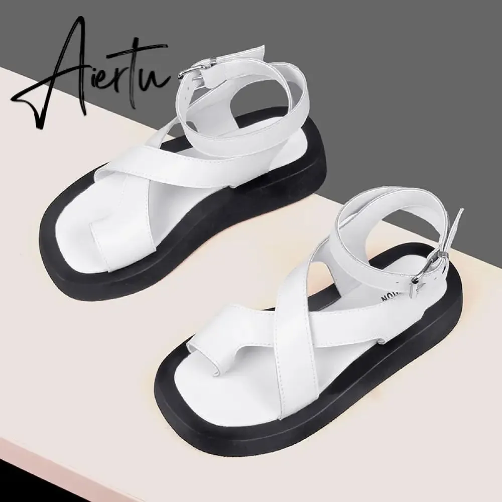 Aiertu Sandals Women Genuine Leather Summer New Clip Toe Sandals Ladies Roman Women Shoes Muffin Sandals