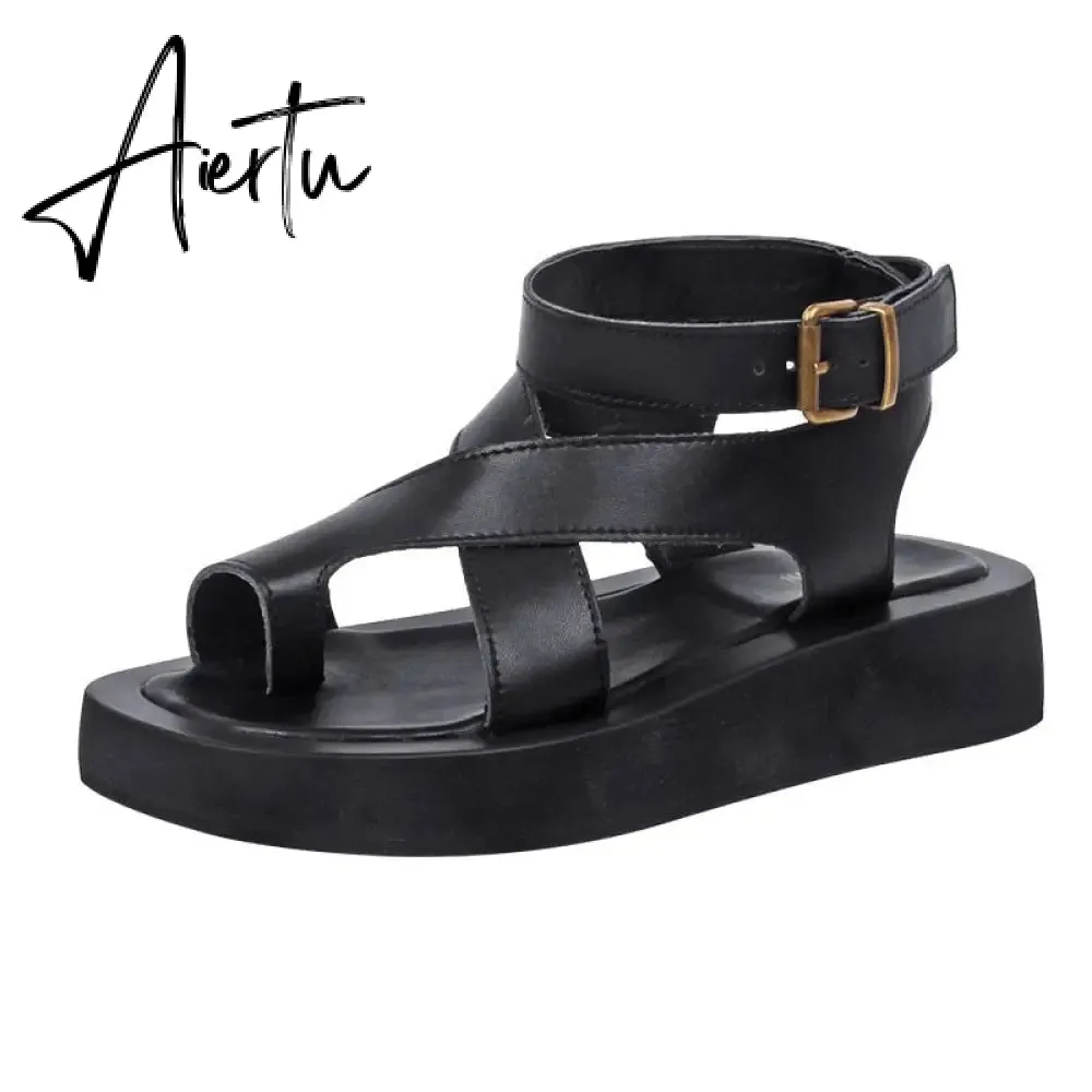 Aiertu Sandals Women Genuine Leather Summer New Clip Toe Sandals Ladies Roman Women Shoes Muffin Sandals