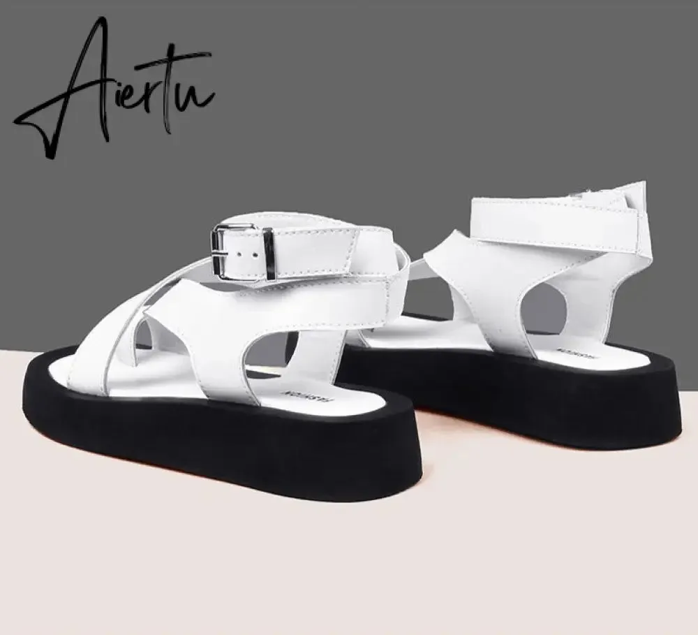 Aiertu Sandals Women Genuine Leather Summer New Clip Toe Sandals Ladies Roman Women Shoes Muffin Sandals