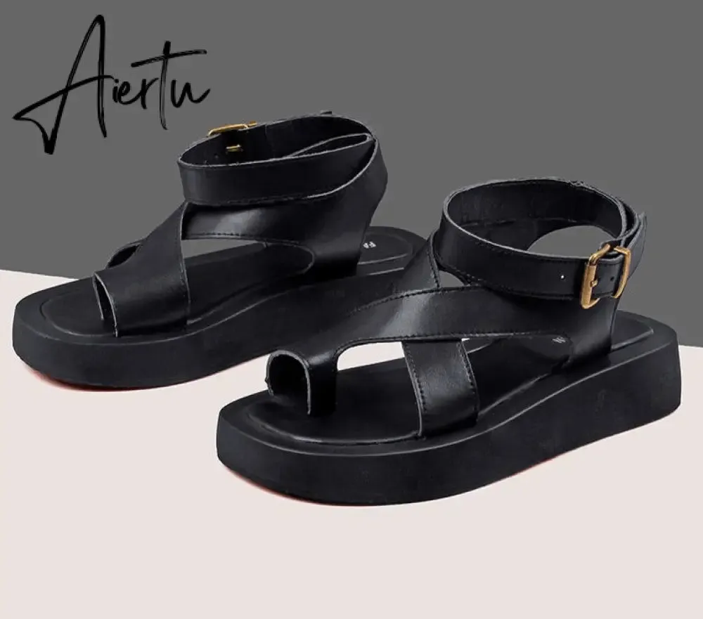 Aiertu Sandals Women Genuine Leather Summer New Clip Toe Sandals Ladies Roman Women Shoes Muffin Sandals