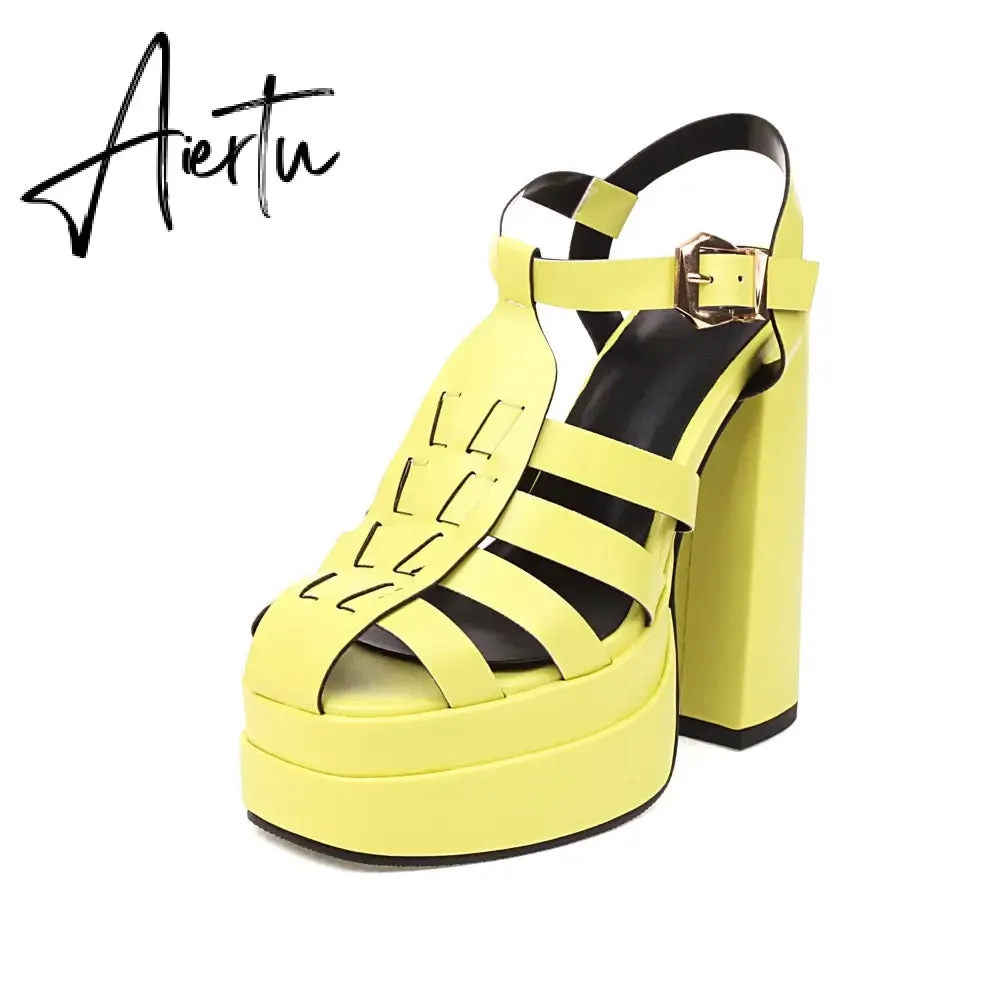 Aiertu   Sandals Women Summer Platform High Heels Weaved PU Leather Buckle Strap Black Red Women Pump Shoes sandalias mujer verano