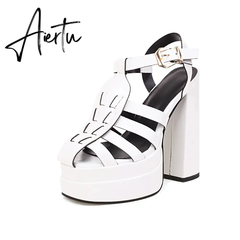 Aiertu   Sandals Women Summer Platform High Heels Weaved PU Leather Buckle Strap Black Red Women Pump Shoes sandalias mujer verano