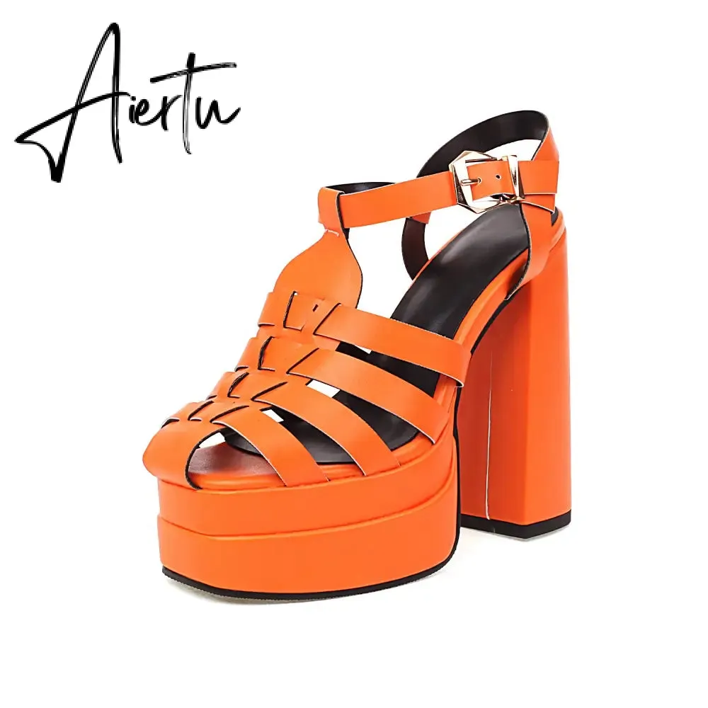 Aiertu   Sandals Women Summer Platform High Heels Weaved PU Leather Buckle Strap Black Red Women Pump Shoes sandalias mujer verano