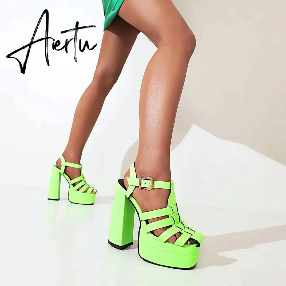 Aiertu   Sandals Women Summer Platform High Heels Weaved PU Leather Buckle Strap Black Red Women Pump Shoes sandalias mujer verano