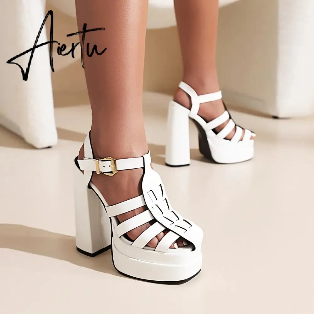 Aiertu   Sandals Women Summer Platform High Heels Weaved PU Leather Buckle Strap Black Red Women Pump Shoes sandalias mujer verano