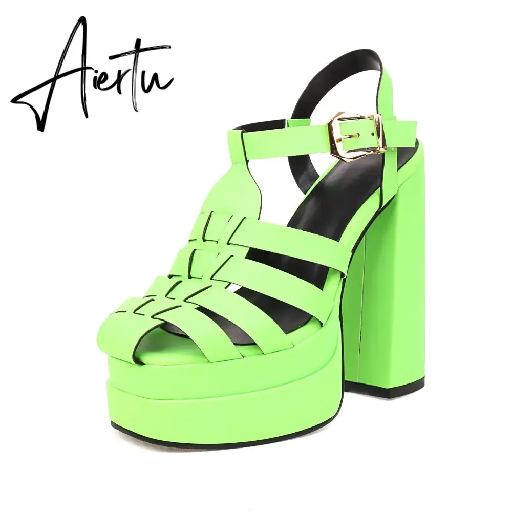 Aiertu   Sandals Women Summer Platform High Heels Weaved PU Leather Buckle Strap Black Red Women Pump Shoes sandalias mujer verano