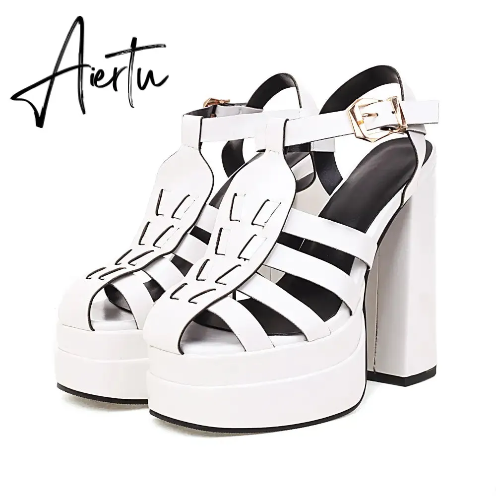 Aiertu   Sandals Women Summer Platform High Heels Weaved PU Leather Buckle Strap Black Red Women Pump Shoes sandalias mujer verano