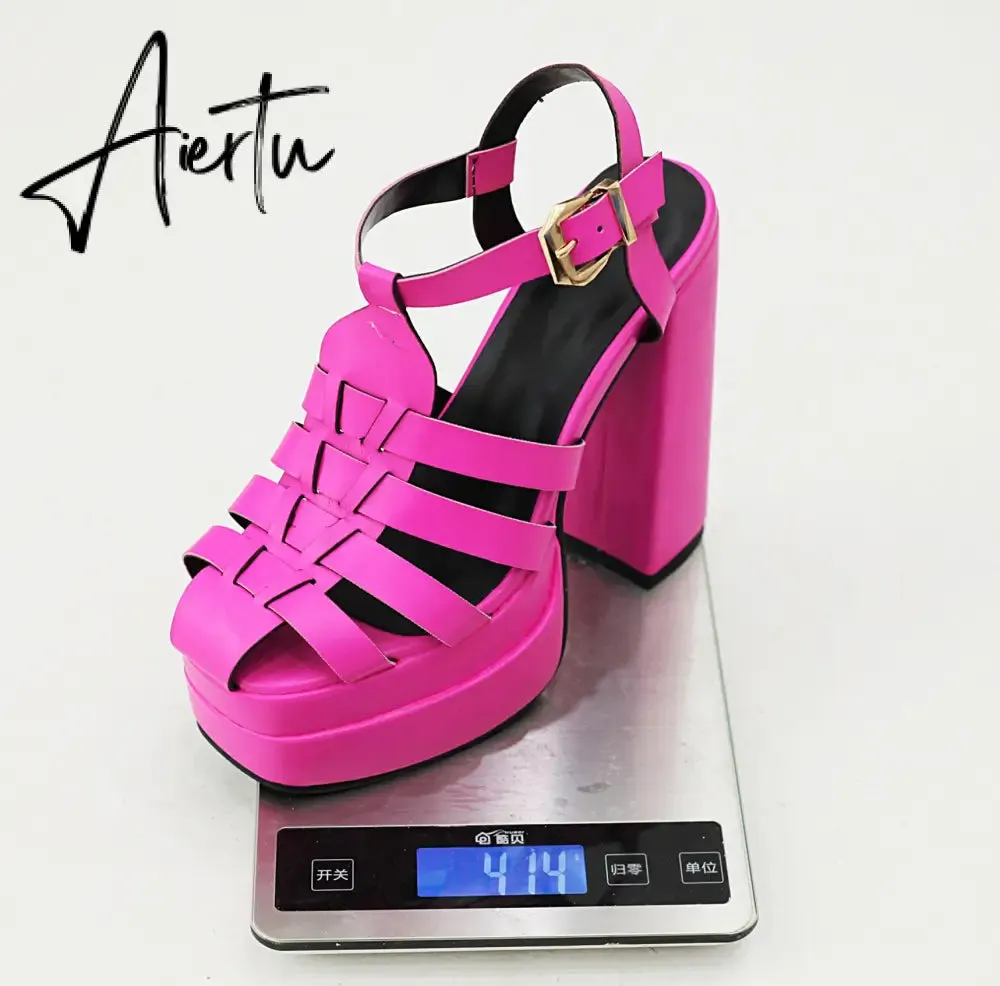 Aiertu   Sandals Women Summer Platform High Heels Weaved PU Leather Buckle Strap Black Red Women Pump Shoes sandalias mujer verano