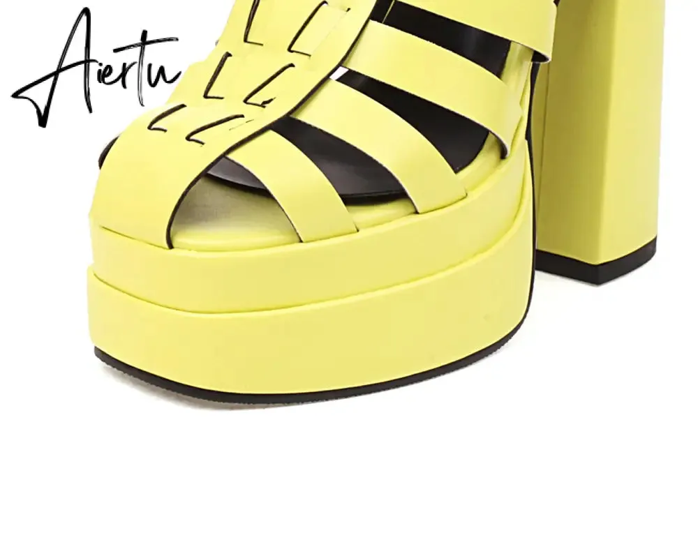 Aiertu   Sandals Women Summer Platform High Heels Weaved PU Leather Buckle Strap Black Red Women Pump Shoes sandalias mujer verano
