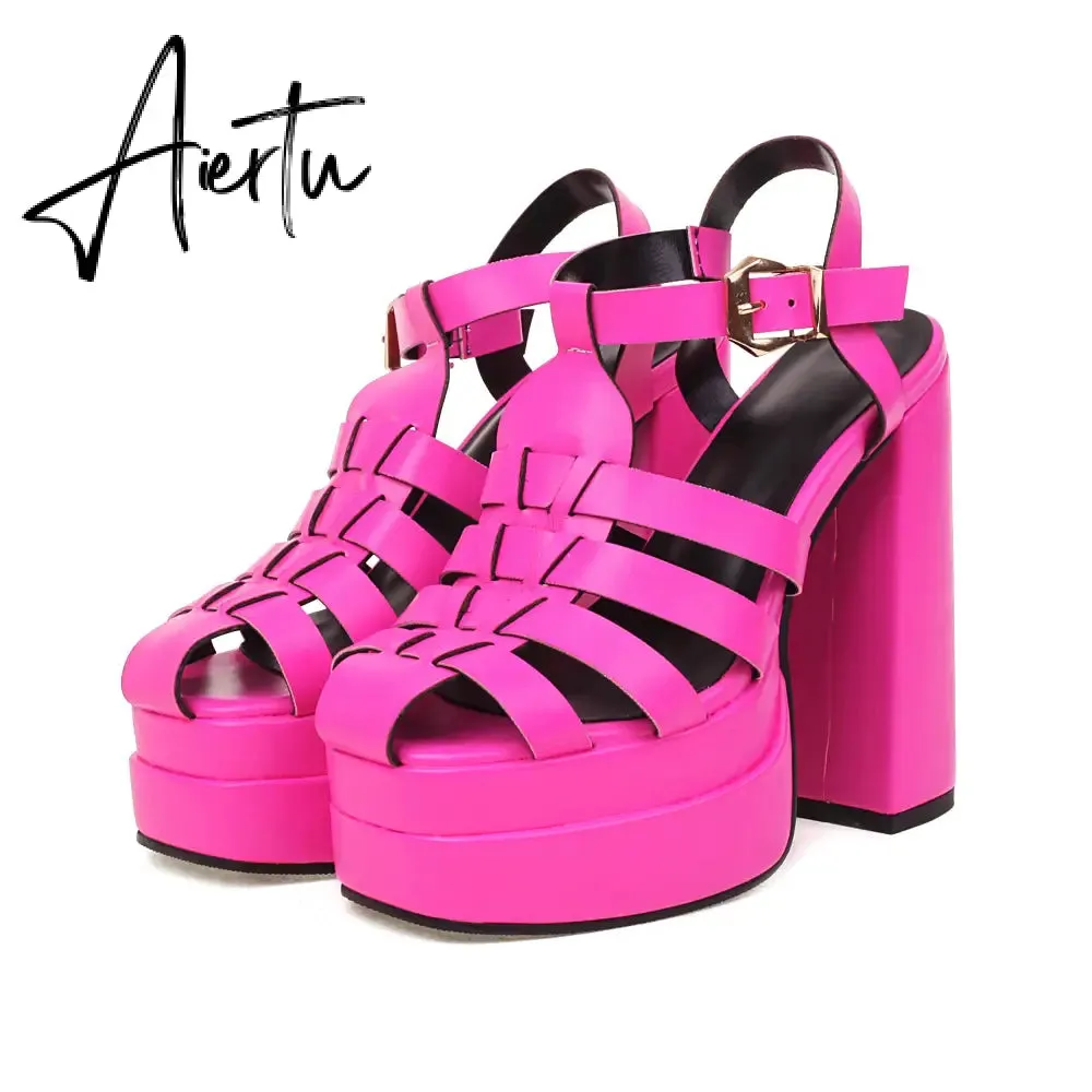 Aiertu   Sandals Women Summer Platform High Heels Weaved PU Leather Buckle Strap Black Red Women Pump Shoes sandalias mujer verano