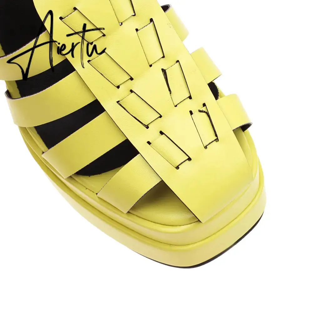 Aiertu   Sandals Women Summer Platform High Heels Weaved PU Leather Buckle Strap Black Red Women Pump Shoes sandalias mujer verano