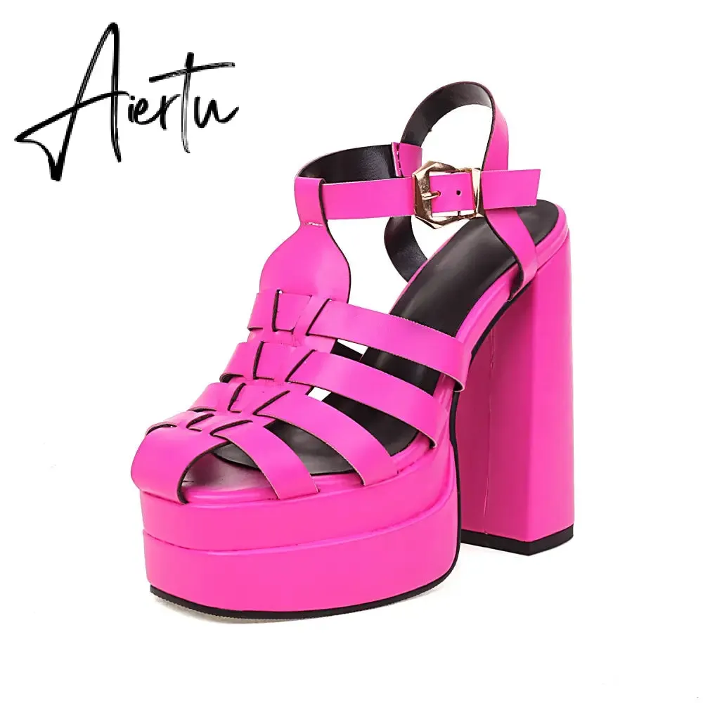 Aiertu   Sandals Women Summer Platform High Heels Weaved PU Leather Buckle Strap Black Red Women Pump Shoes sandalias mujer verano