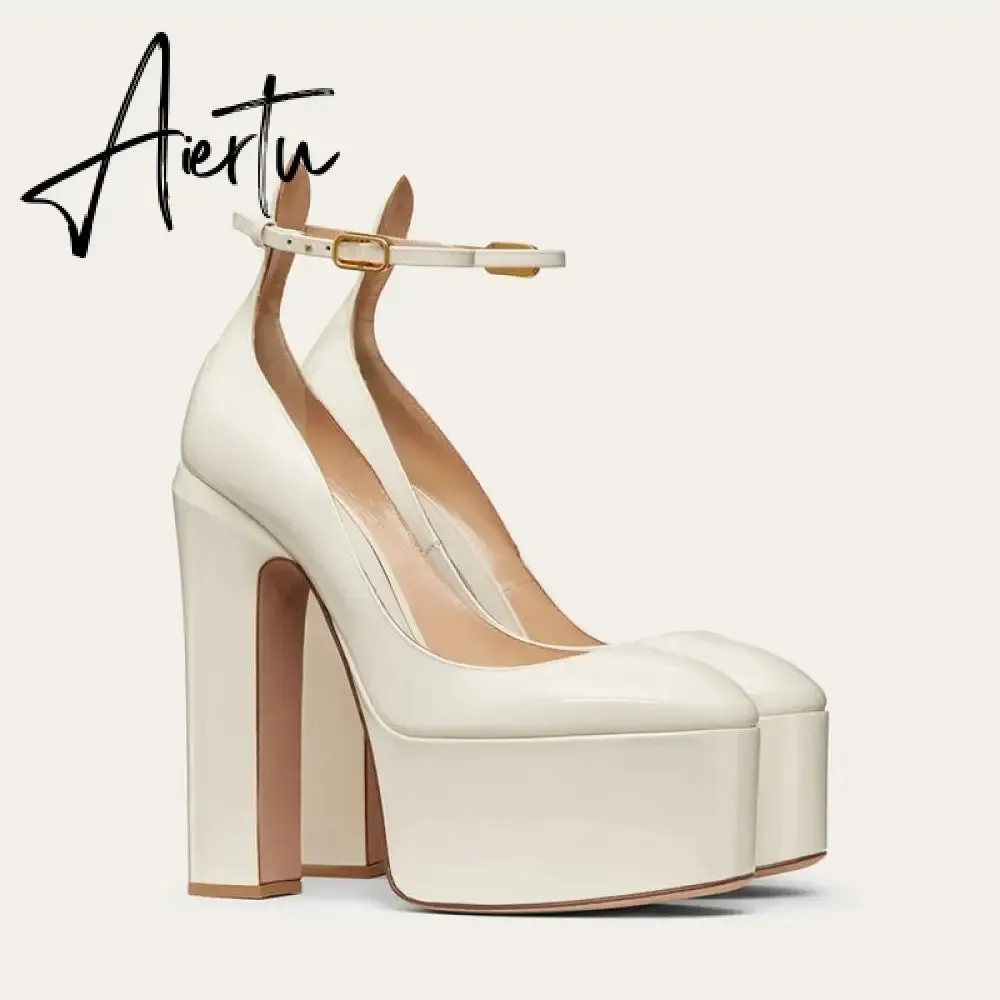 Aiertu  Thick Sole Leather Pumps Women Super High Heel Rome Sandals Summer Fashion Week Bride Shoes Platform Wedding Party Shoes Mujer