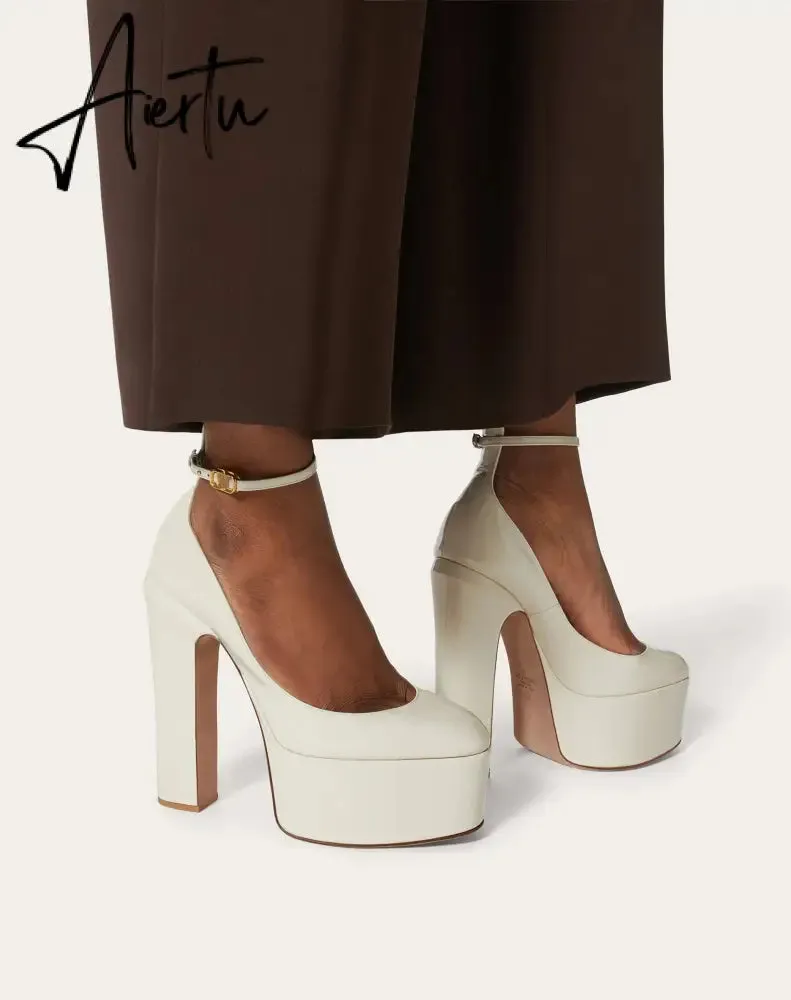 Aiertu  Thick Sole Leather Pumps Women Super High Heel Rome Sandals Summer Fashion Week Bride Shoes Platform Wedding Party Shoes Mujer