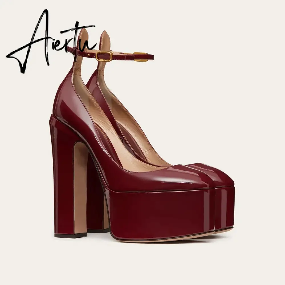 Aiertu  Thick Sole Leather Pumps Women Super High Heel Rome Sandals Summer Fashion Week Bride Shoes Platform Wedding Party Shoes Mujer