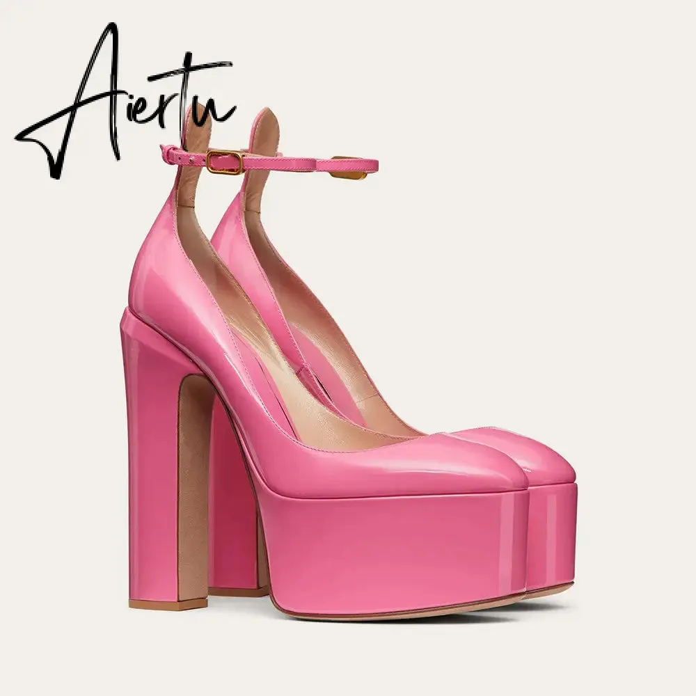 Aiertu  Thick Sole Leather Pumps Women Super High Heel Rome Sandals Summer Fashion Week Bride Shoes Platform Wedding Party Shoes Mujer