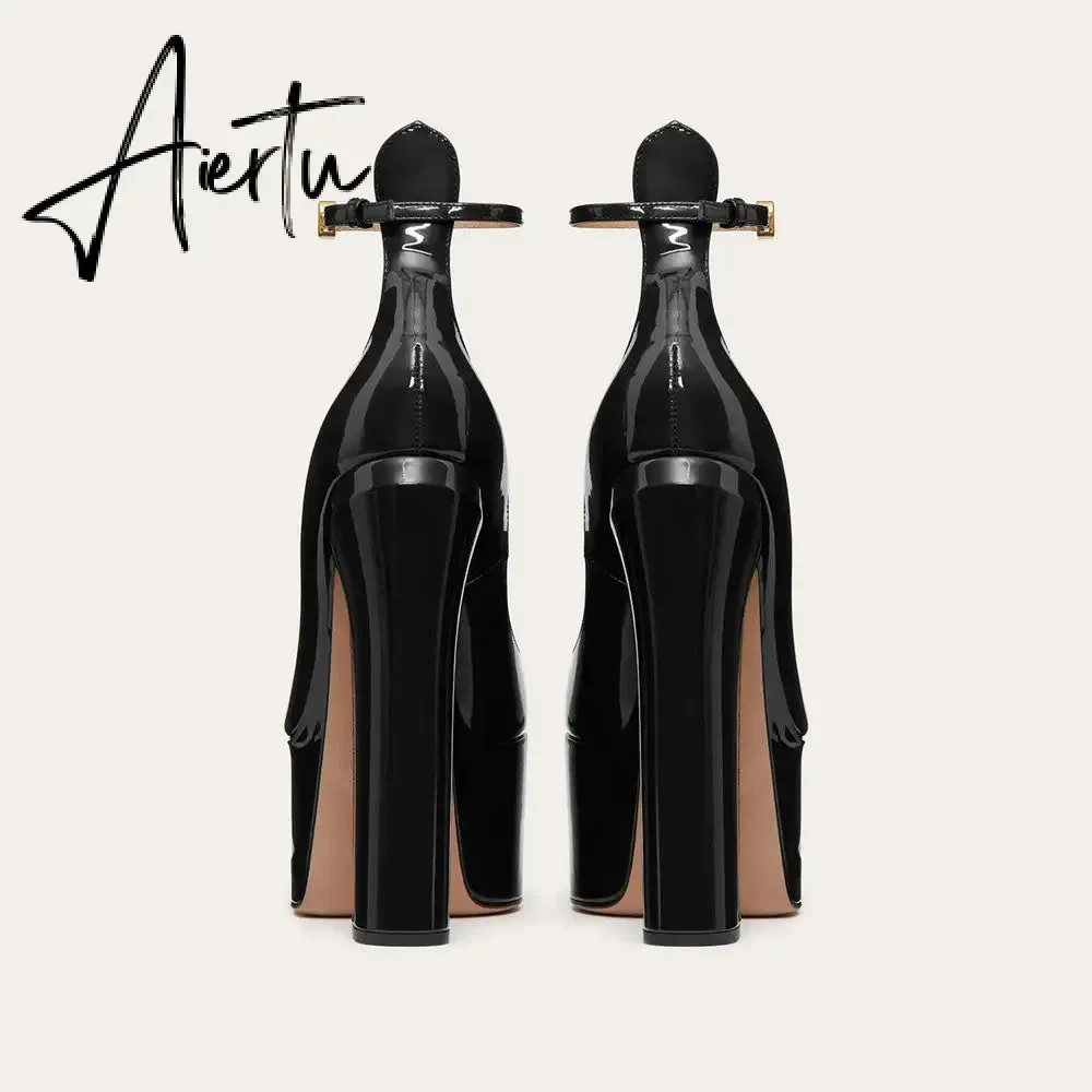 Aiertu  Thick Sole Leather Pumps Women Super High Heel Rome Sandals Summer Fashion Week Bride Shoes Platform Wedding Party Shoes Mujer