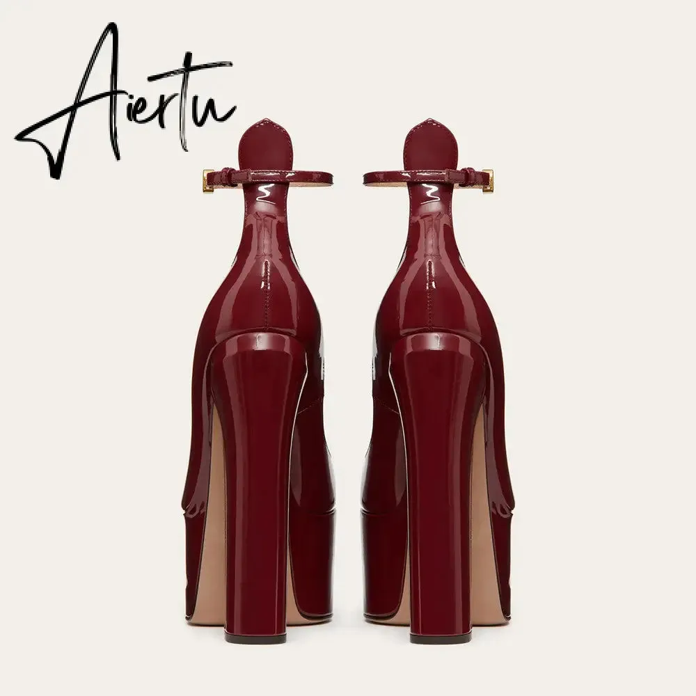 Aiertu  Thick Sole Leather Pumps Women Super High Heel Rome Sandals Summer Fashion Week Bride Shoes Platform Wedding Party Shoes Mujer