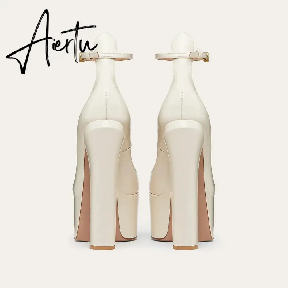 Aiertu  Thick Sole Leather Pumps Women Super High Heel Rome Sandals Summer Fashion Week Bride Shoes Platform Wedding Party Shoes Mujer