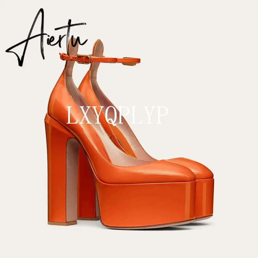 Aiertu  Thick Sole Leather Pumps Women Super High Heel Rome Sandals Summer Fashion Week Bride Shoes Platform Wedding Party Shoes Mujer
