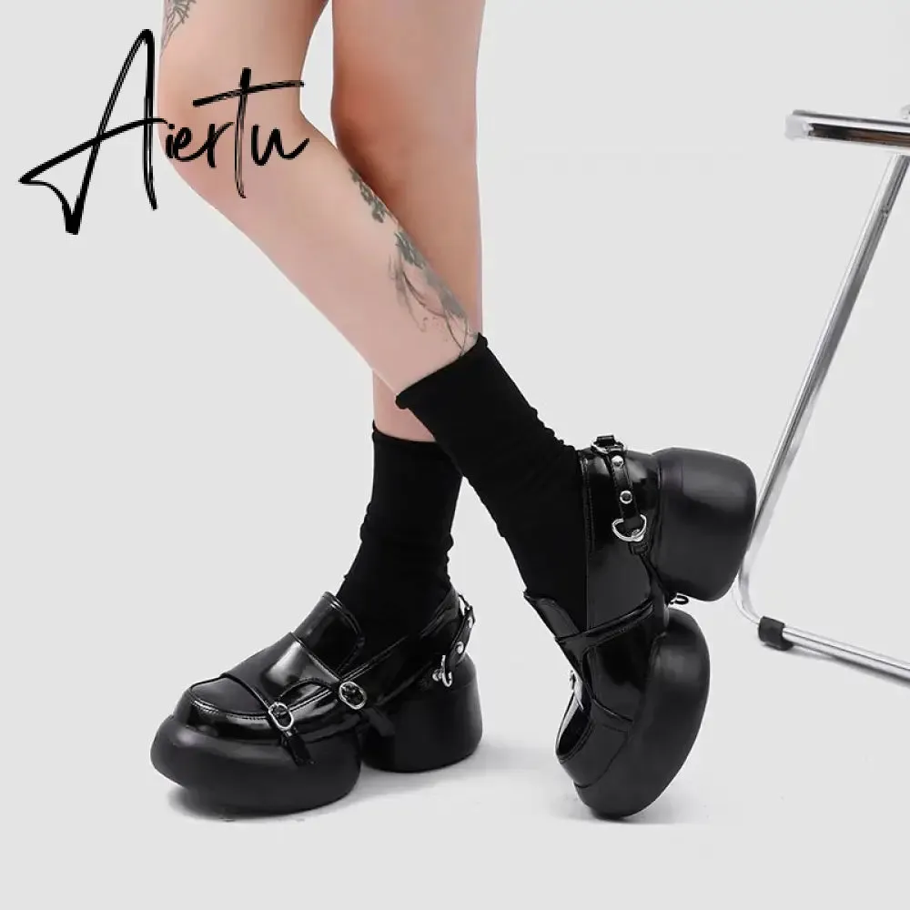 Aiertu Womens Lolita Flowers Bowknot Gothic Punk Shoes Creepers Pumps Japanese Harajuku Platform Girls Round Toe New